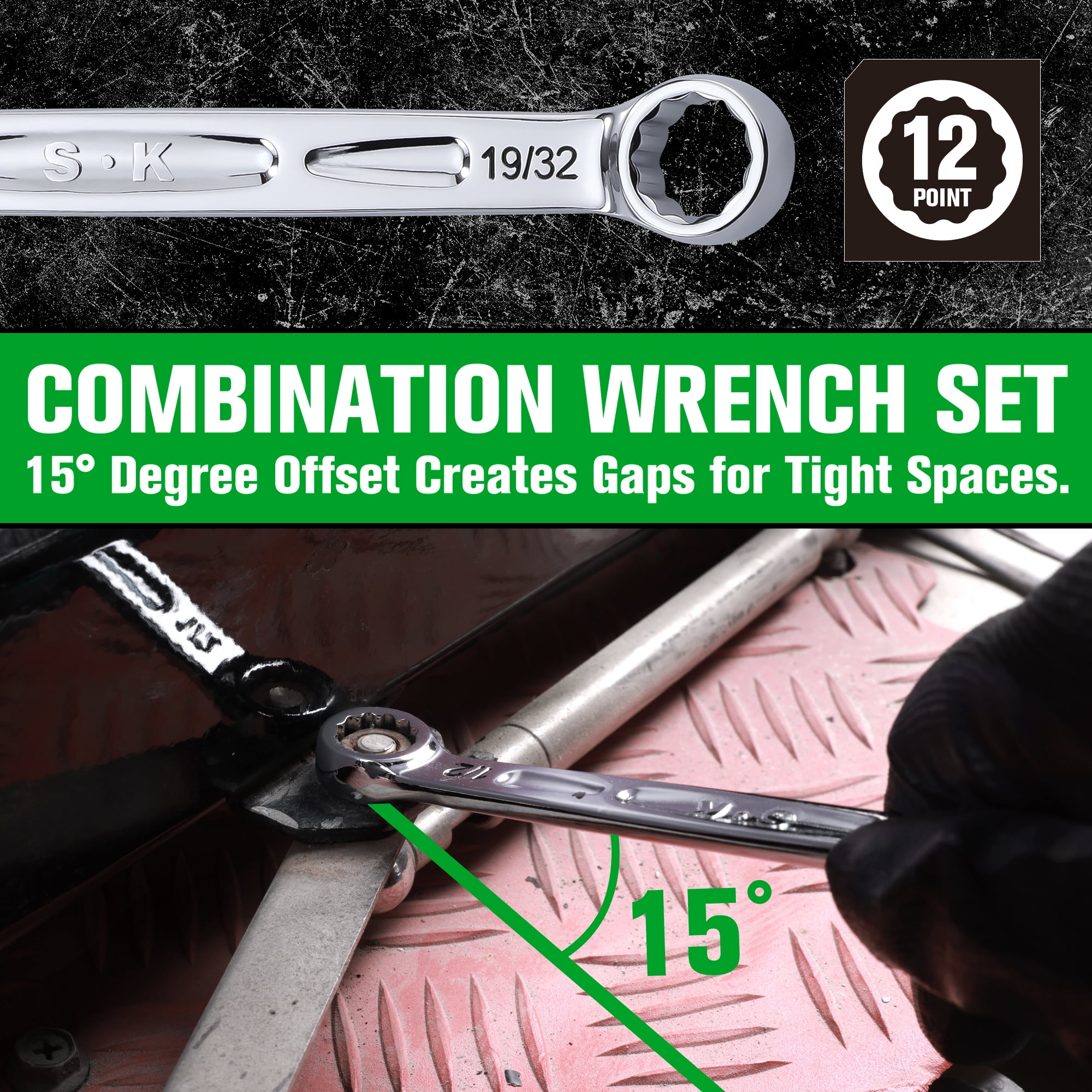 SK Hand Tools SK01365 8-Piece SAE Combination Wrench Set, 360 Degree Rotation