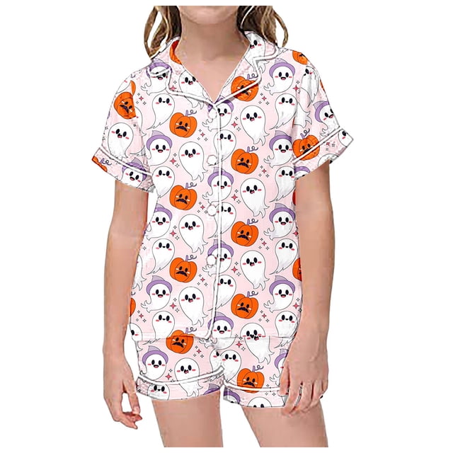 Kcodviy Ensembles 2 Pcs Pyjamas Filles Dinosaure pour Enfants Enfants Graphique Pyjamas de Pâques Bébé Fille Imprimé Manches Courtes à Boutons Filles Pyjama Lapin Chemise Shorts Ensemble de Pyjama