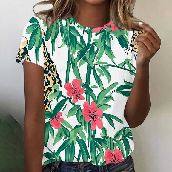 Fengqque 2025 Women's Vacation Style Floral Print Round Neck Short Sleeve T-Shirt