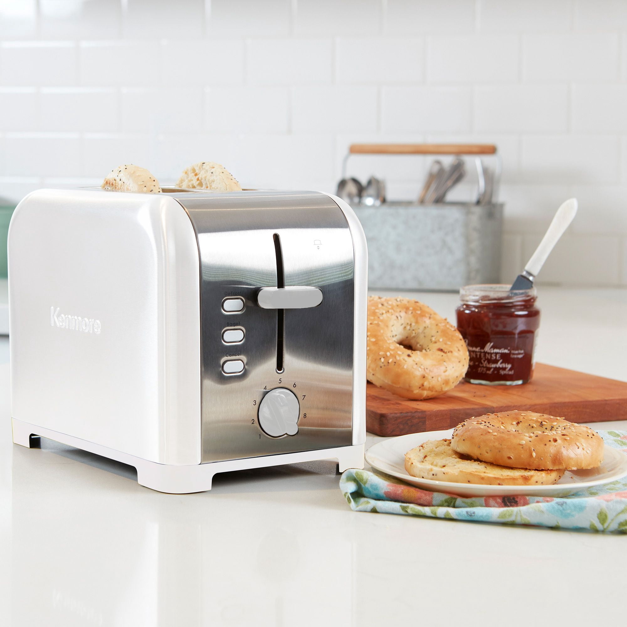 Kenmore 2-Slice White Stainless Steel Toaster, Wide Slot, Bagel/Defrost