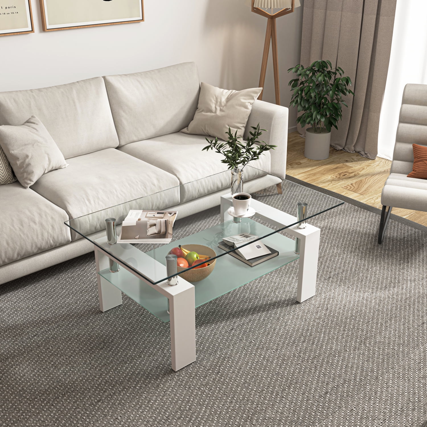 Yardi Yard Modern Tempered Glass Top Coffee Table with Storage Shelf, Clear Rectangle Center Table Sofa Table with Wood Legs for Living Room Home Furniture White Yardi Yard Modern Tempered Glass Top Coffee Table with Storage Shelf, Clear Rectangle Center Table Sofa Table with Wood Legs for Living Room Home Furniture White