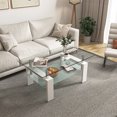 thumbnail image 3 of Yardi Yard Modern Tempered Glass Top Coffee Table with Storage Shelf, Clear Rectangle Center Table Sofa Table with Wood Legs for Living Room Home Furniture White, 3 of 9