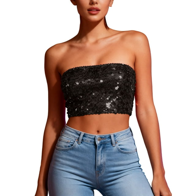 Womens Tube Tops,Casual Strapless Basic Backless Sleeveless Bandeau Going Out Crop Sequins,Womens Tops