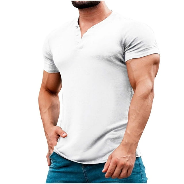 CHGBMOK Mens T-shirts Solid Color Leisure Button Motion Breathable Short Sleeve Round-Neck Blouses Sizes S-3XL