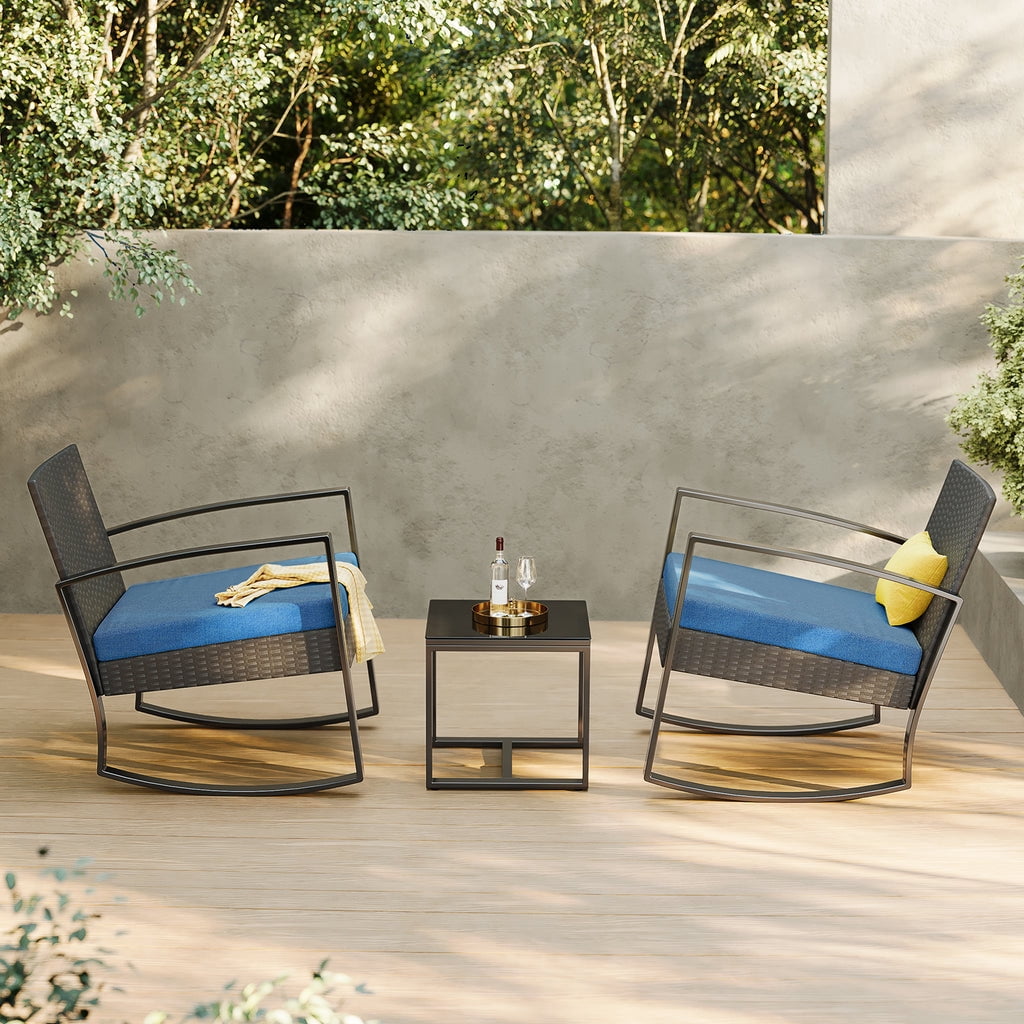 Aiho 3 Pieces Patio Furniture Set, Rocking Rattan Conversation Set with Glass Table and Cushions，Outdoor Chairs Set for Garden, balcony, Yard, Poolside - Blue