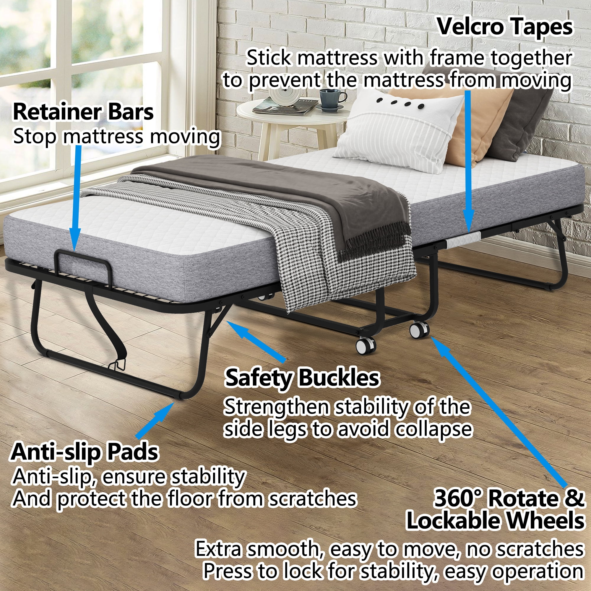 Folding Bed with Mattress 75" x 31" Cot Size Need Assembly Rollaway Guest Bed Portable Foldable Extra Bed for Adults Daybed with 5" Memory Foam Mattress Space-Saving Sturdy Metal Grid Frame