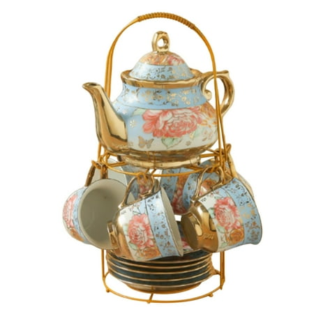 

Ceramic Tea Set with Teapot Cups Saucer Handmade Serving 6 People with Golden Metal Rack Smooth Appearance for Home Party Decoration