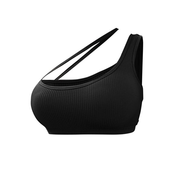 VISALY One Shoulder Sports Bra Comfortable Ribbed Workout Bras for Yoga Gym Running One Shoulder Sports Bra Wireless Padded Push Up Yoga Soft Light Support Padded Crop Top Gym Streetwear Black L
