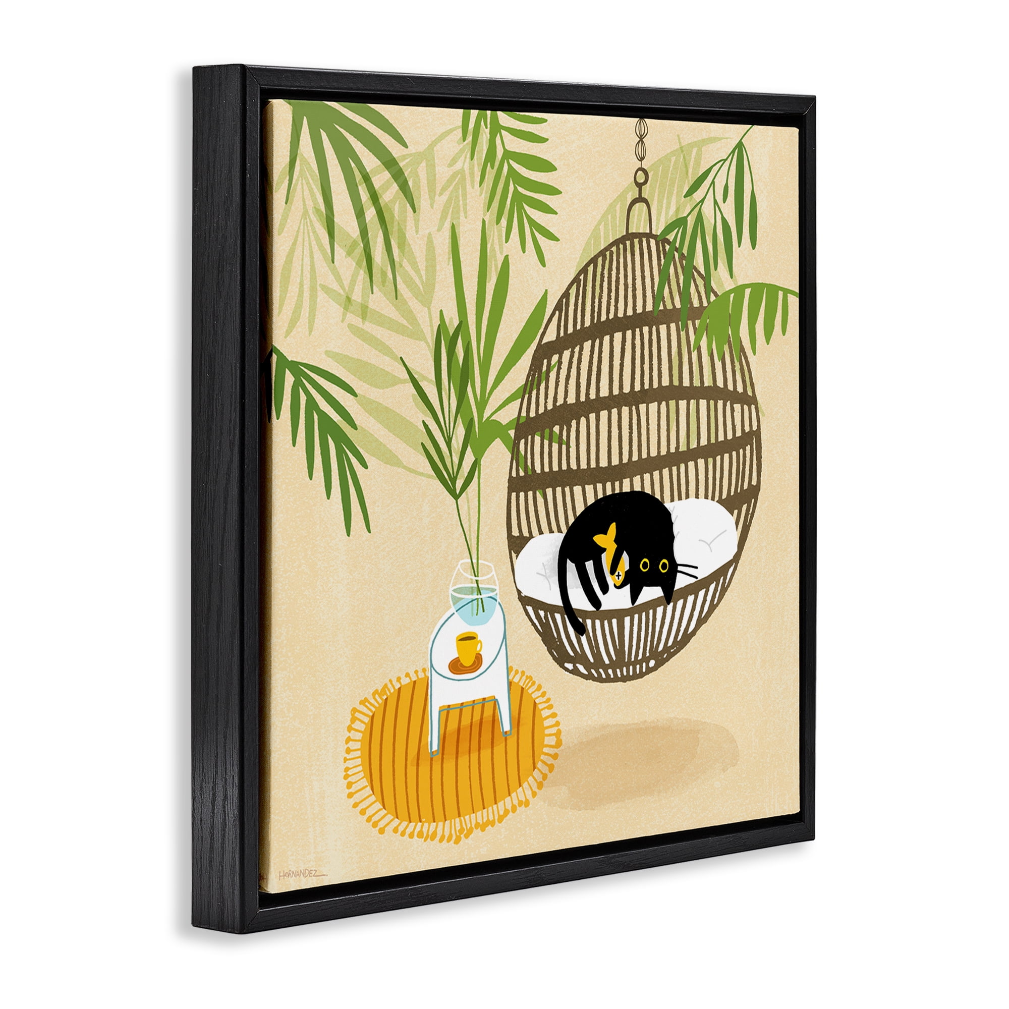 Stupell Industries Sleepy Cats on Porch Swing Animals Painting Black Floater Framed Canvas Art Print Wall Art, 25 x 25