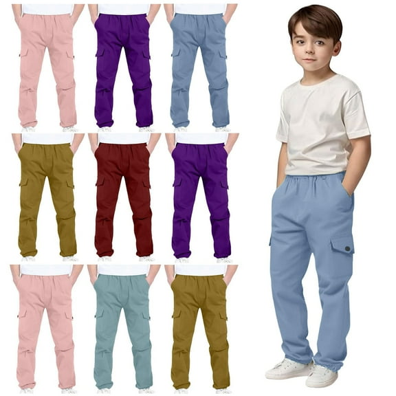Spazoro Boys Cargo Pants with Multi-Pockets, Soft & Warm Baggy Solid Color Elastic Waist Casual Straight Leg Pants for Boys Blue Size 4 T