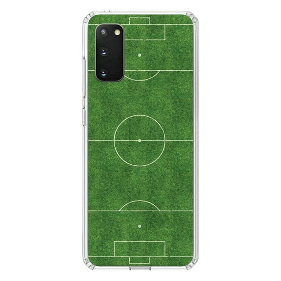 DistinctInk Clear Shockproof Hybrid Case for Galaxy S20 / S20 5G (6.2" Screen) - TPU Bumper, Acrylic Back, Tempered Glass Screen Protector - Soccer Field Layout