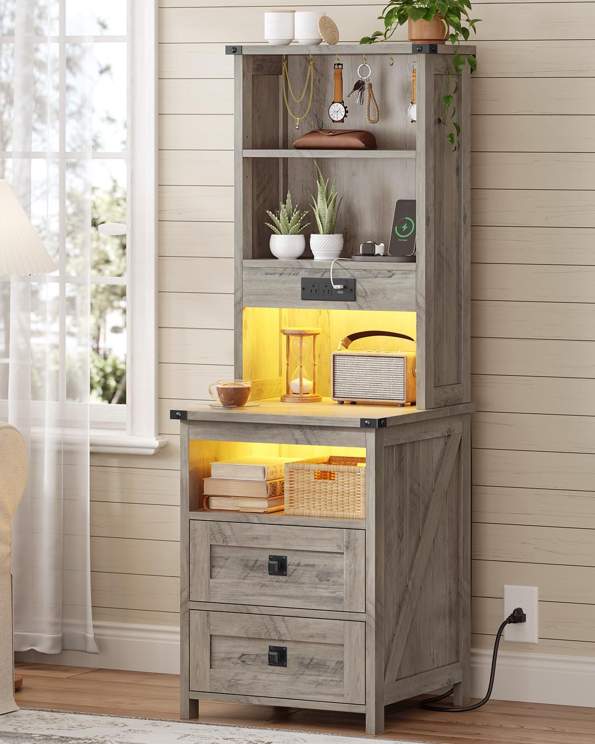 Farmhouse 51.6'' Tall Nightstand with Charging Station and LED Lights, Bed Side Table with 2 Drawers and Bookshelf & 6 Hooks, Easy to Assembly, Gray