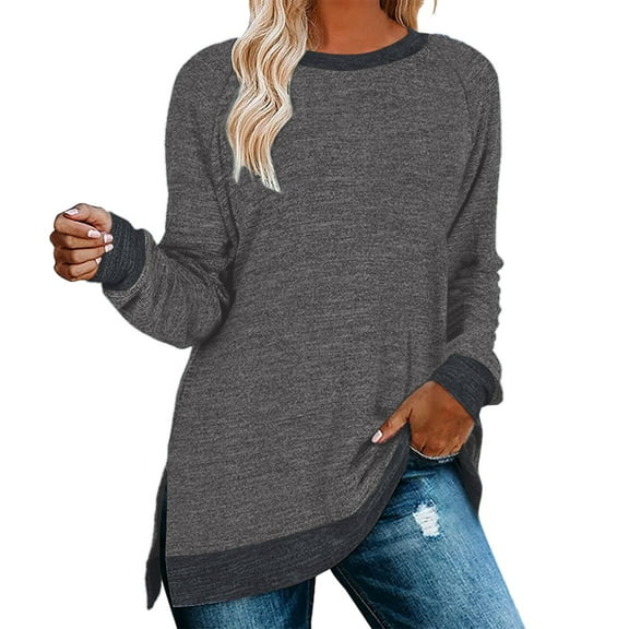 Baqcunre Long Sleeve Shirts For Women Women'S Clothing Long Sleeve Round Neck Split Top Loose Casual Pullover Top Shirt Womens T Shirts Womens Blouses Dark Gray L