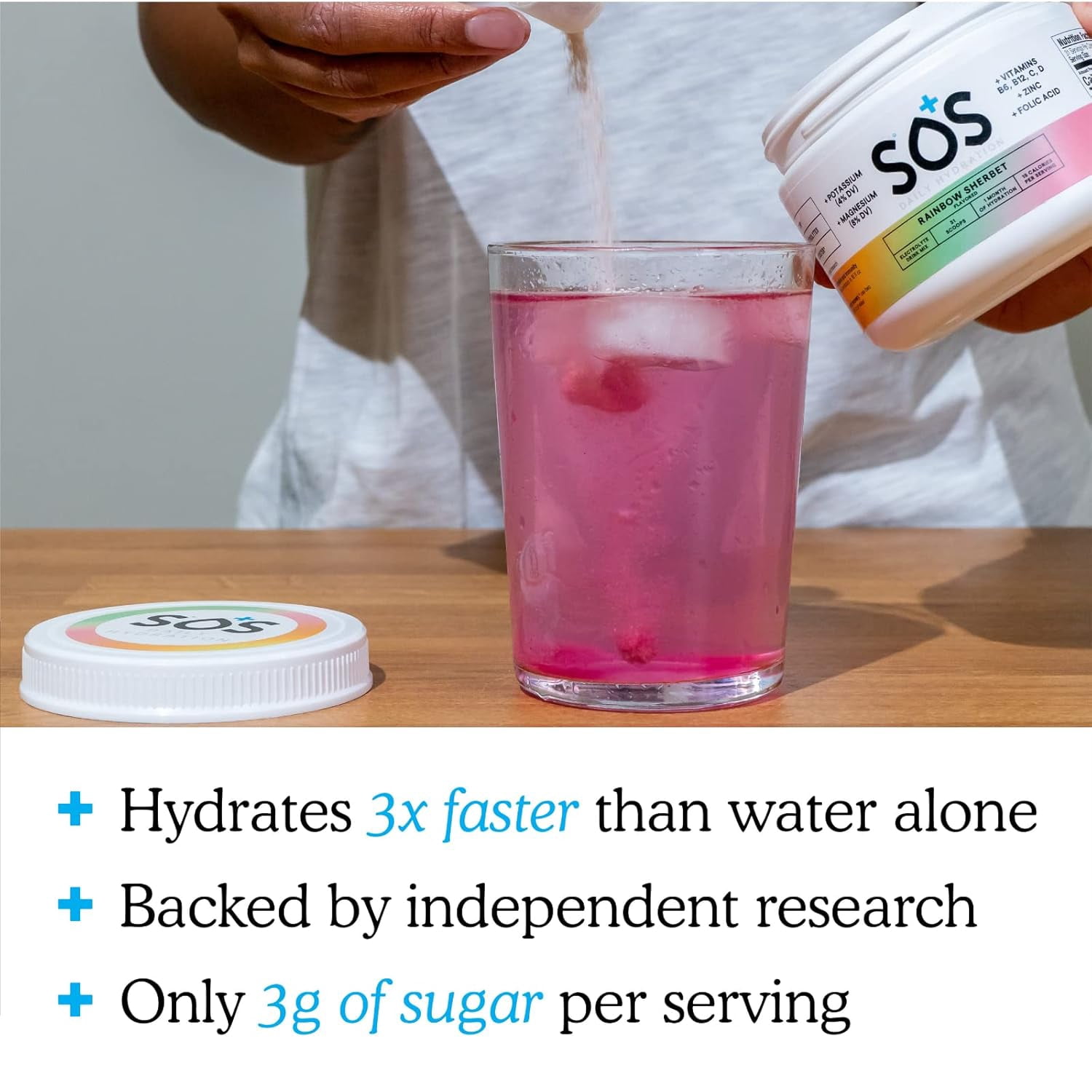 SOS Hydration Daily Electrolyte Powder Drink Mix, Rainbow Sherbet, Low Sugar, 31-Serving