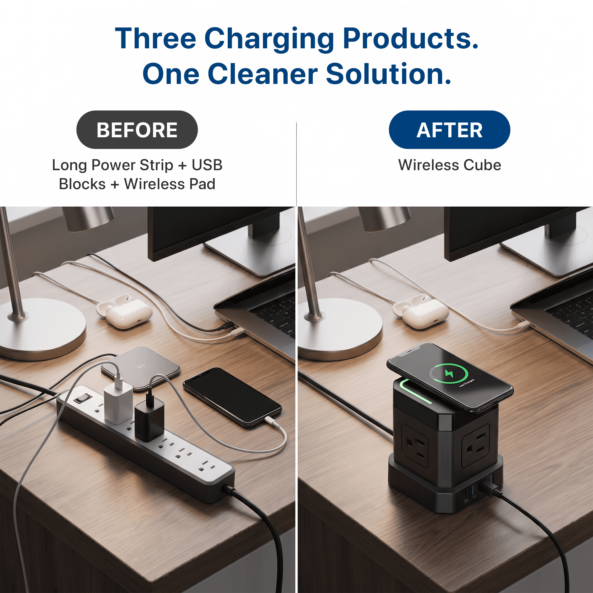 Wireless Cube Power Strip Surge Protector with 15W Qi Charger, 4 AC, 2 USB-C, 2 USB-A, 10 Ft Cord, Black