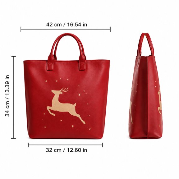Fmbmuo Christmas Leather Tote Bag for Women, Reindeer Print Red Purses and Handbags, Festive Holiday Carryall Shoulder Handbag