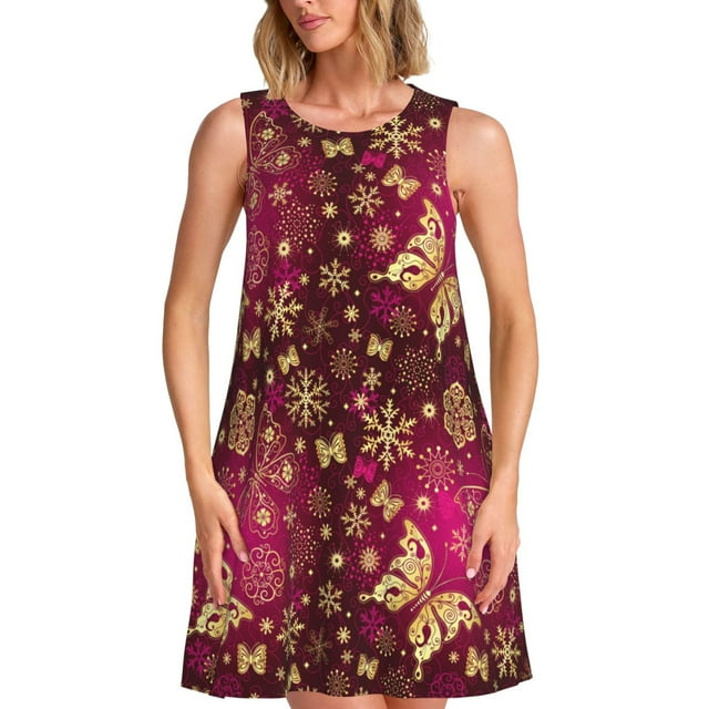 Disketp Golden Snowflakes And And Butterflies para Vestido sin Mangas para Mujeres, Vestidos de Verano para Mujeres, Casual y Holgado para la Playa