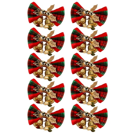 

HOFY 10Pcs Christmas Bowknot Golden/Green Leaf Metal Bells Anti-fade Reusable Bright Color Festival Props Polyester Xmas Tree Wreath Mini Bow Pendant for Party