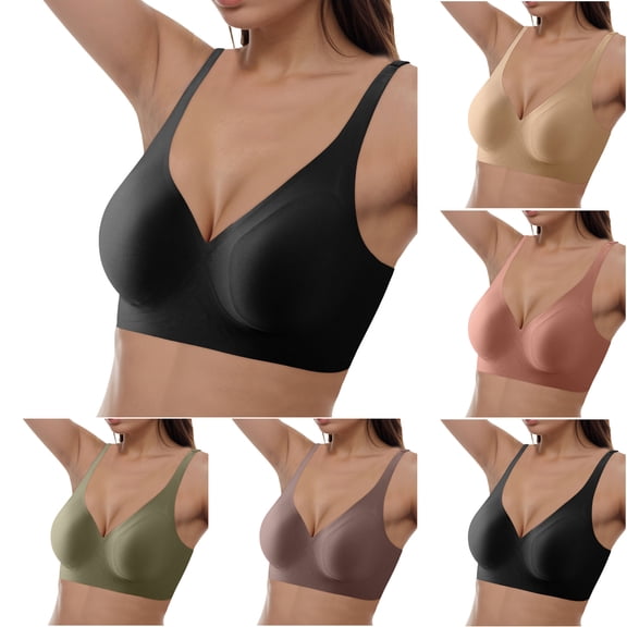 GEWSEY V Neck Wireless Bras for Women No Underwire Lightly Lift Womens Bras Soft Comfort Seamless Bralettes (Khaki, 32A-32C)