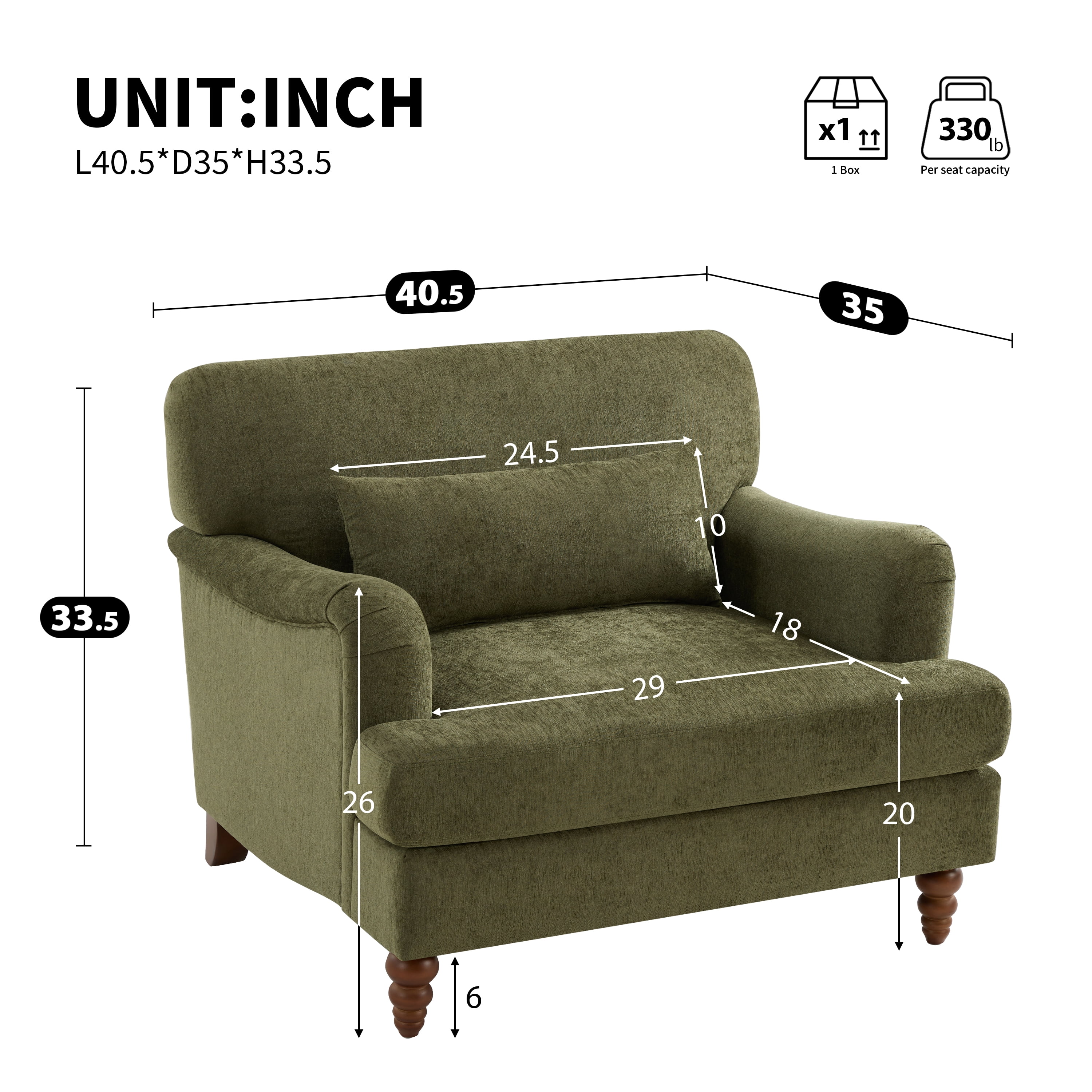 GARITIN Oversized Accent Chair 40.5 Inch, Modern Upholstered Armchair with Lumbar Pillow and Turned Wood Legs for Living Room, Green