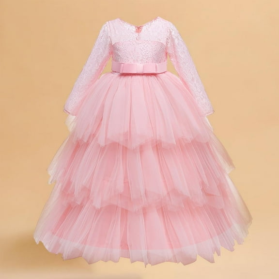 JUSLIO Girls Dresses Size4-8 Tulle Bow Long Sleeve Girl Dresses Round Neck Winter Casual Princess Dress