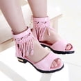 thumbnail image 3 of Girls Gladiator Sandals Open Toe Chunky Low Heel Fringe Ankle Strap Back Zipper Kids Summer Dress Shoes Pink 2.5 Big Kid, 3 of 6