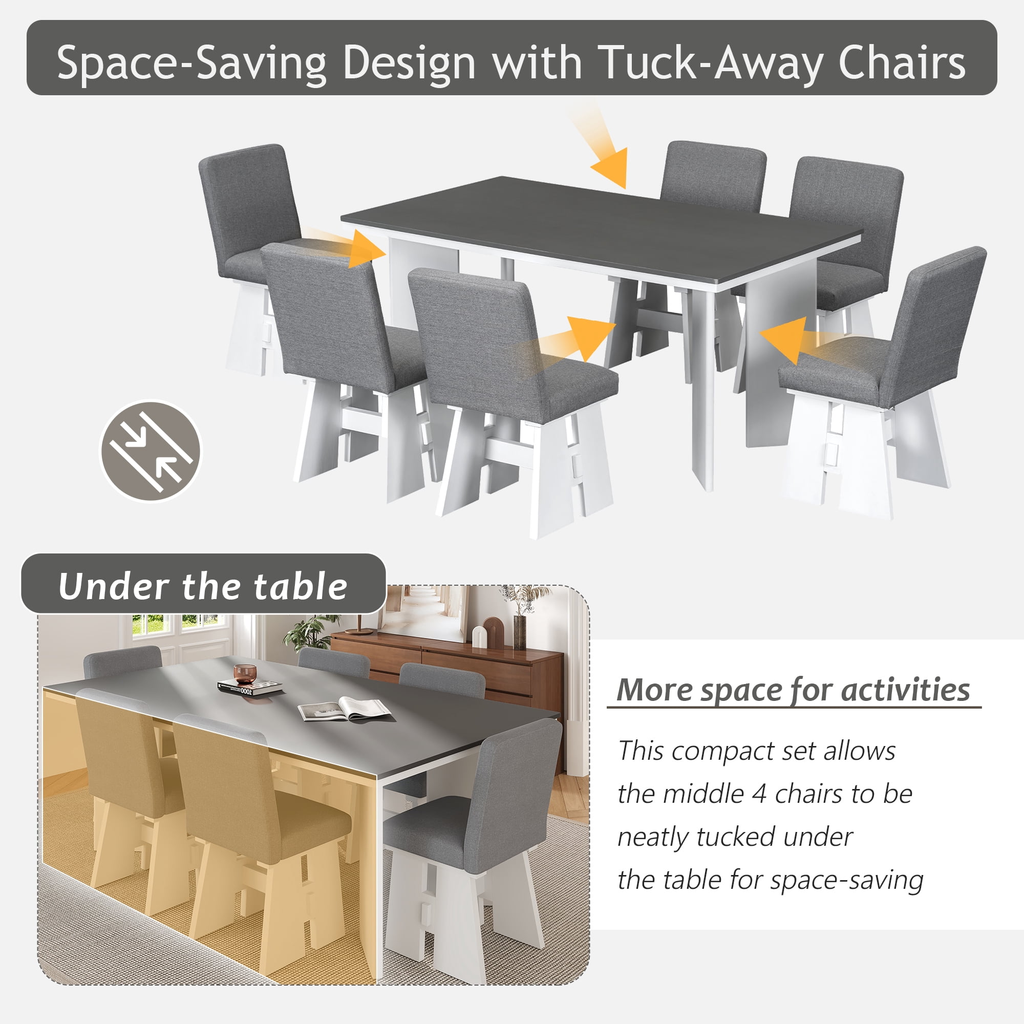 MAYEERTY Modern 7-Piece Dining Table Set with 6 Upholstered Chairs, Dark Gray,White