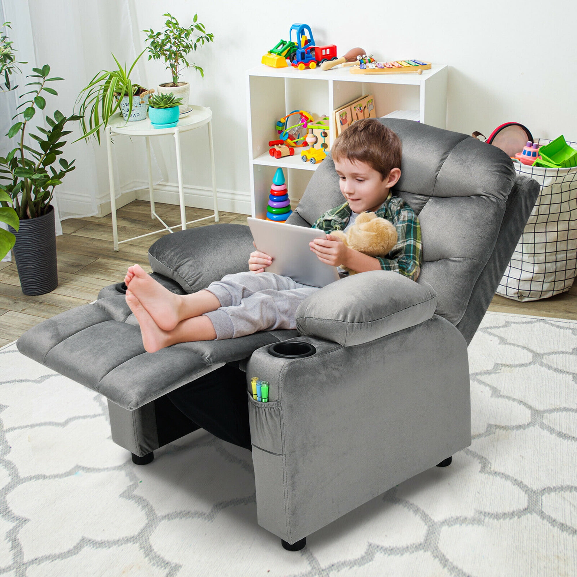 Gymax Kids Youth Recliner Chair Velvet Fabric w/Cup Holder & Side Pocket Grey