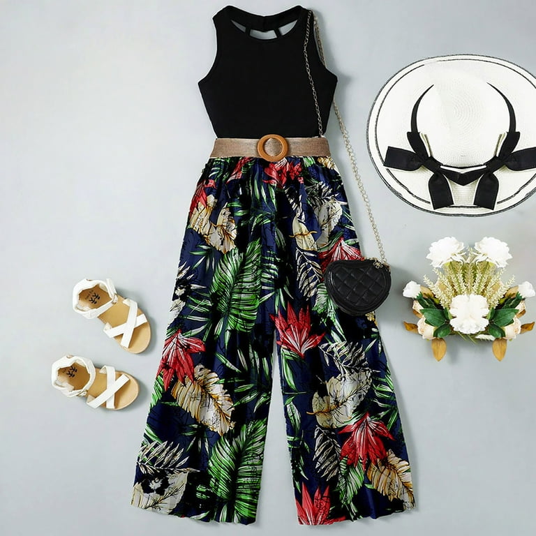 JHLZHS One Year Old Girl Birthday Outfit Girls Solid Color Sleeveless Top Floral Print Wide Leg Pantsuit Back to School Clothes for Teen Girls Fall Outfit for Girls Walmart