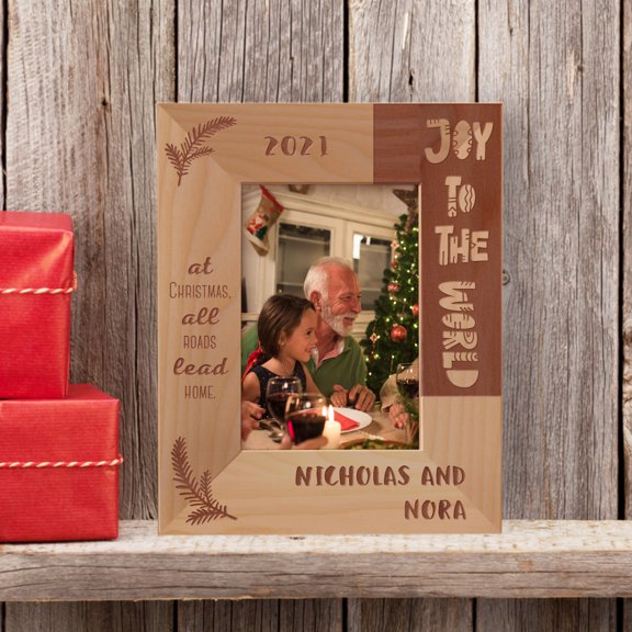 Joy To The World At Christmas, All Roads Lead Home Personalized Wooden Frame 3 1/2" x 5" Brown (Vertical)