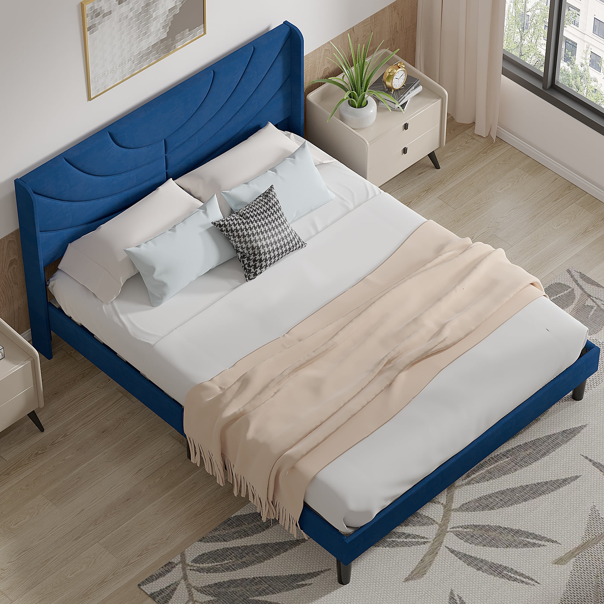 Javlergo Queen Bed Frame, Upholstered Platform Bed Frame with Headboard and Strong Wooden Slats, Non-Slip and Noise-Free,No Box Spring Needed, Easy Assembly, Queen Size Bed Frame, Dark Blue