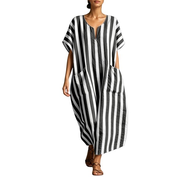 Women's Striped Print Loose Casual Long Dress Summer Beach Fashion Swing Dress Black L