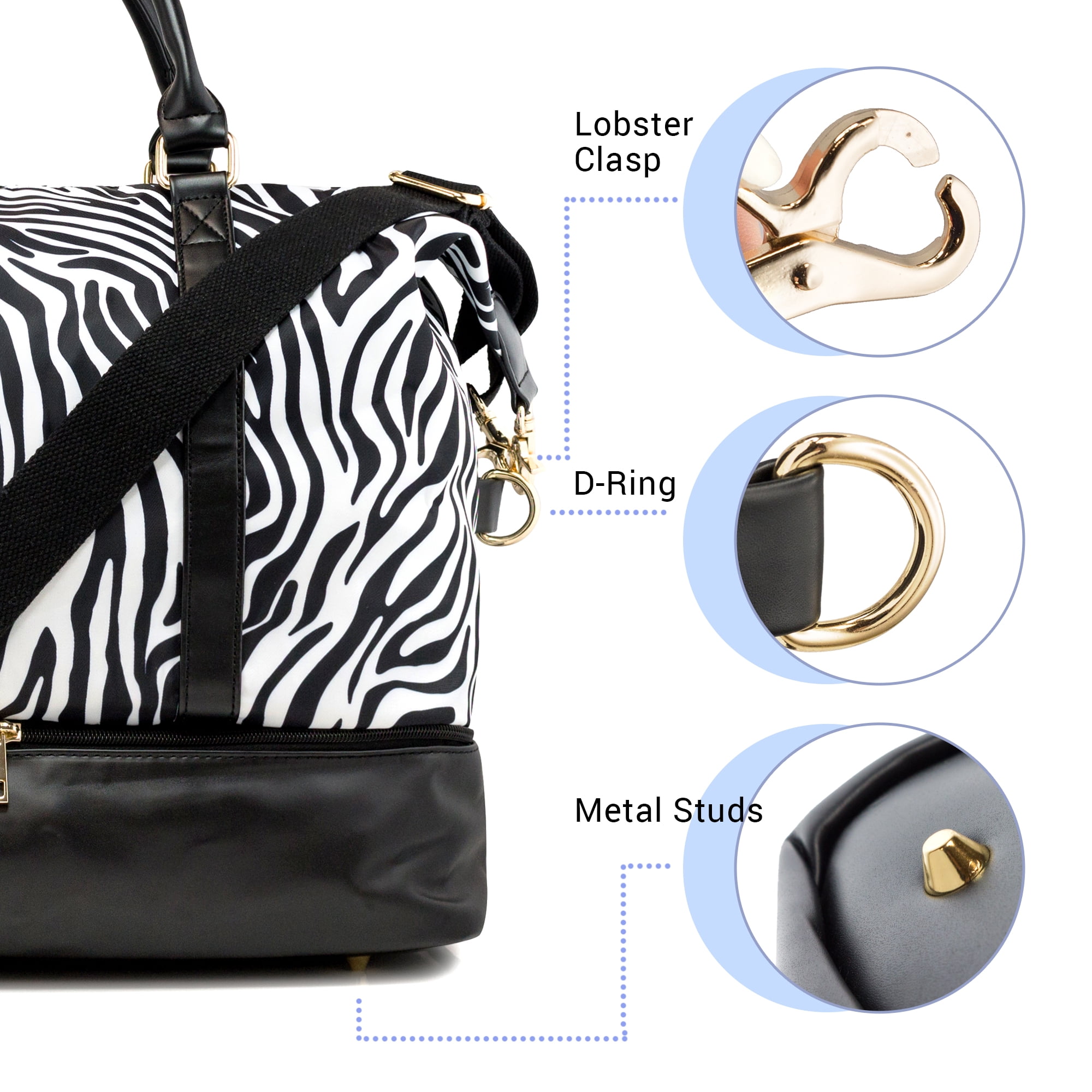 Weekender Bag Travel Duffle for Women Men Overnight Carry On Tote with Shoe Compartment and Luggage Sleeve- Zebra