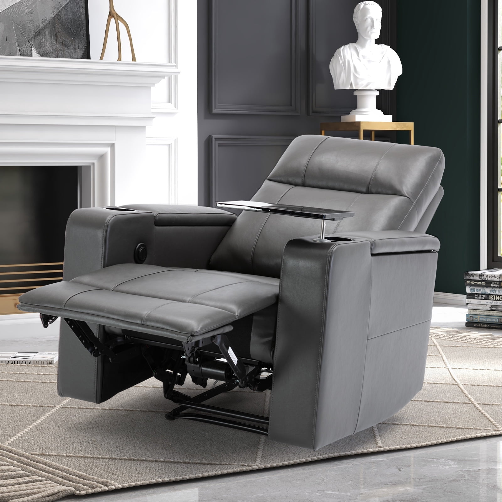 Bonzy Home Power Electric Recliner Chair, PU Leather Home Theater Seating with Cup Holders, USB Port & Hidden Storage, Single Movie Recliner for Living Room Media Room, Gray