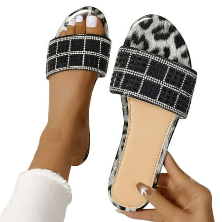

Jacenvly 2024 New Fashionable Diamond Hollowed Out Comfortable Flat Bottomed Sandals Wearing Outside a Straight Line Slipper Black Sandals for Women Clearance