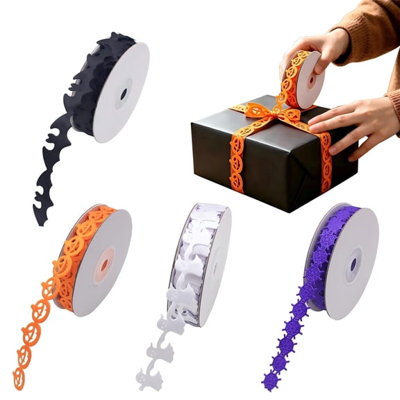 4 Rolls Halloween Wired Edge Ribbon 11 Yard Bat Spider Web Skull Pumpkin Printed Ribbons Wrapping Ribbon for Halloween Party Decoration Wreath DIY