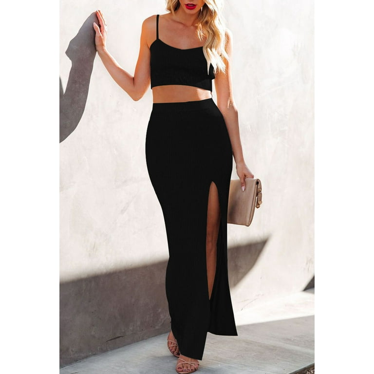 Pink Queen Women s Knit Crop Top High Slit Bodycon Long Skirt Set 2 Piece Dress Outfits Black L Walmart