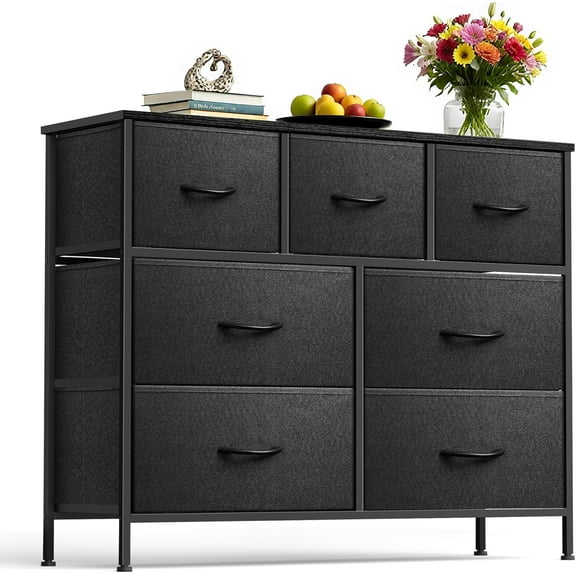 Dresser for Bedroom with 7 Drawers, Chest of Drawers, Storage Drawers Organizer Unit, Black Wide Fabric Dresser with Fabric Bins for Closet, Living Room, Entryway (Charcoal Black)