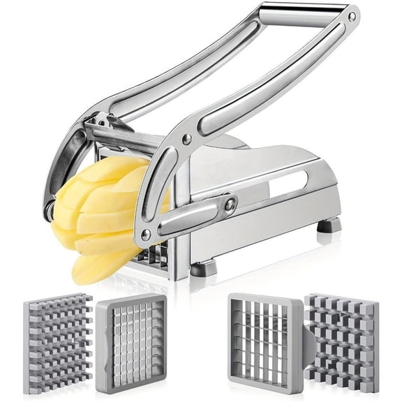 WarmFuPalace Stainless Steel French Fry Cutter, Multi-Function Potato & Cucumber Stick Slicer with 36 & 64 Hole Blades, Heavy Duty Manual Vegetable Chopper for Home Kitchen
