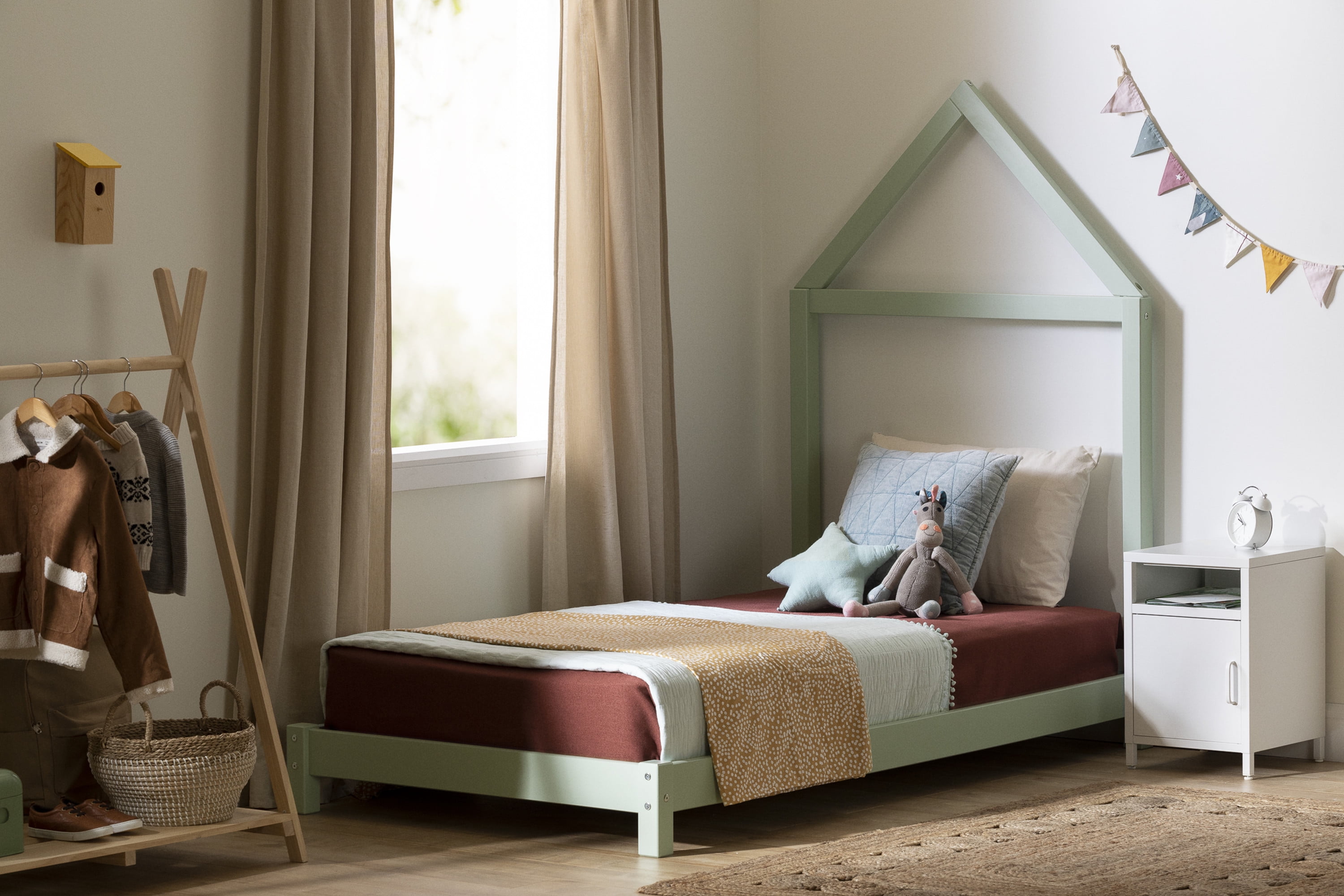 South Shore Sweedi, Scandinavian Twin Bed with House Frame Headboard, Sage Green