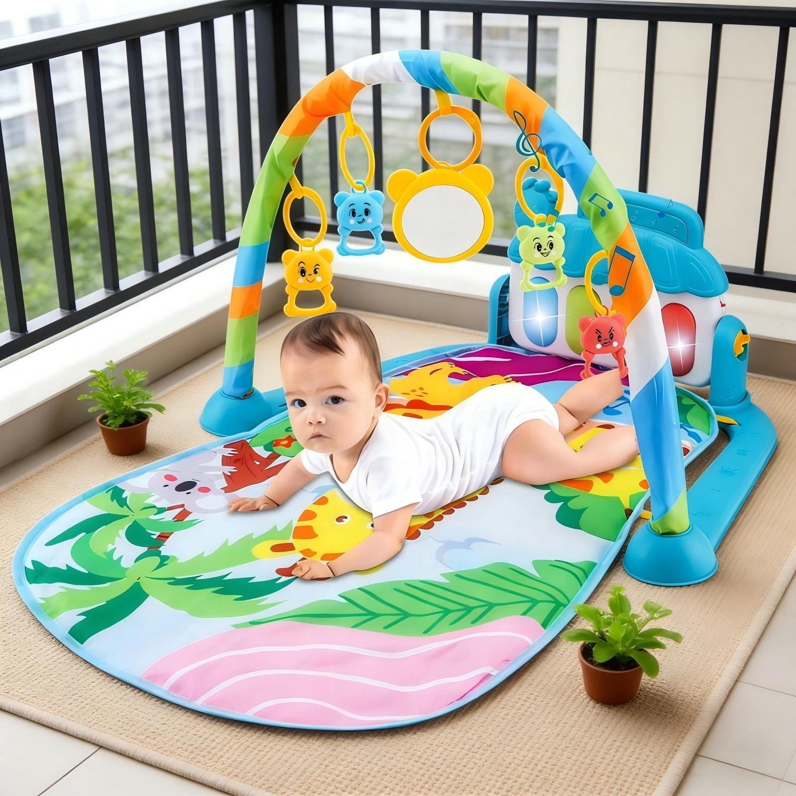 syligr Baby Gym Play Mat with Kick Piano for Newborns Infants 0-12 Months Tummy Time Activity Center, 5 Removable Hanging Toys, Sensory Musical Mat, Large Non-Slip Pad, Birthday Gift for Boys Girls