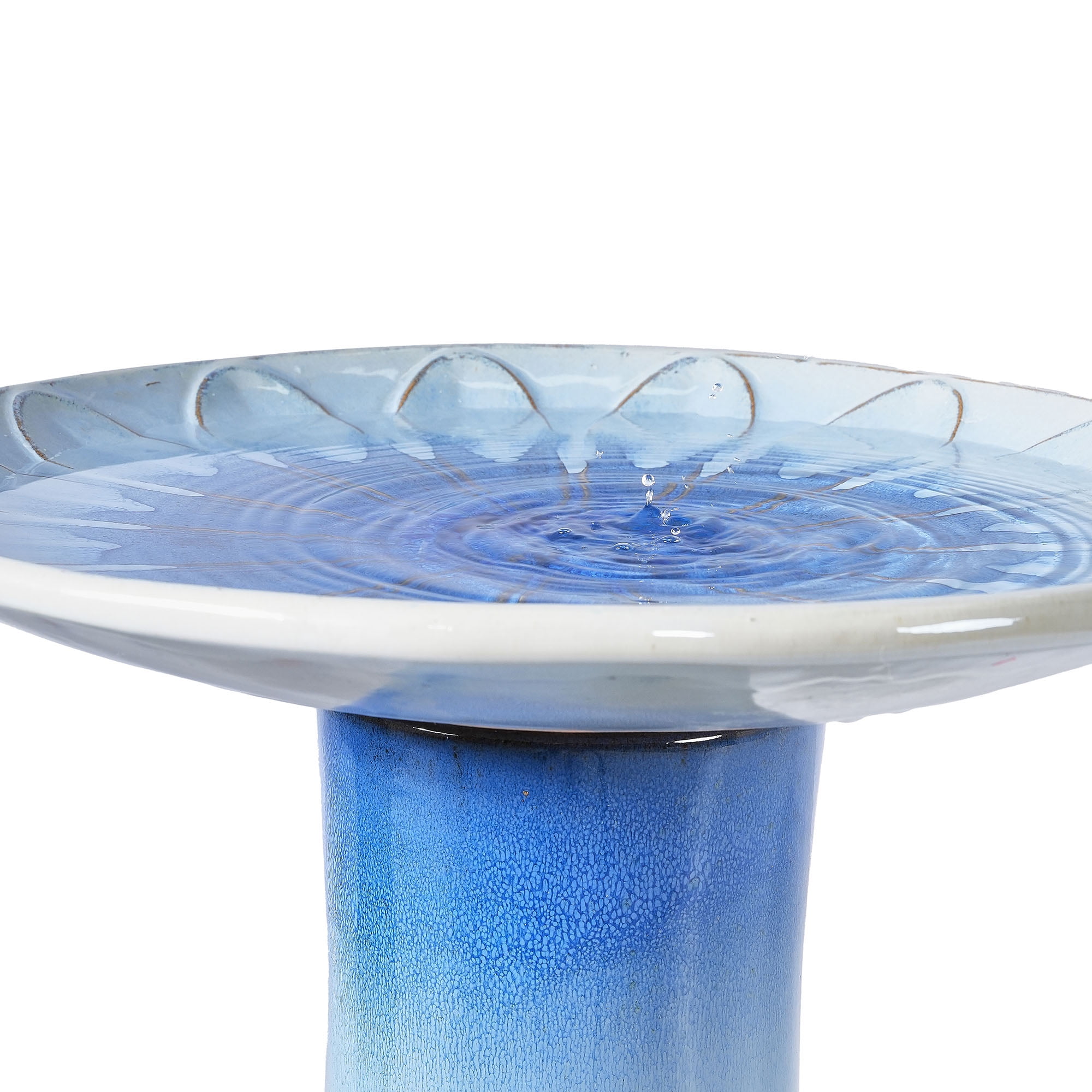 CQSXDA 17" Ceramic Pedestal Birdbath, Blue Gray Ombre Floral Pattern, Outdoor Garden Decor