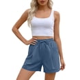 thumbnail image 5 of 100% Cotton Shorts for Women Summer Casual Solid Color Elastic Waist Drawstring Wide Leg Baggy Workout Gym Shorts with Pockets Blue S-2XL, 5 of 8