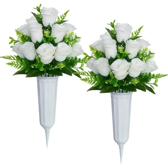 Artificial Cemetery Flowers,Artificial Rose Flowers with Vase,Memorial Flowers Bouquet for Cemetery,Outdoor Grave Headstones Decoration (White)