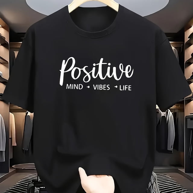 Round Neck Short Sleeve T-Shirt with Inspirational Positive Style White Handwritten "Positive" + "MIND → VIBES → LIFE" Text Combination Print Design to Express a Positive Attitude Towards Life