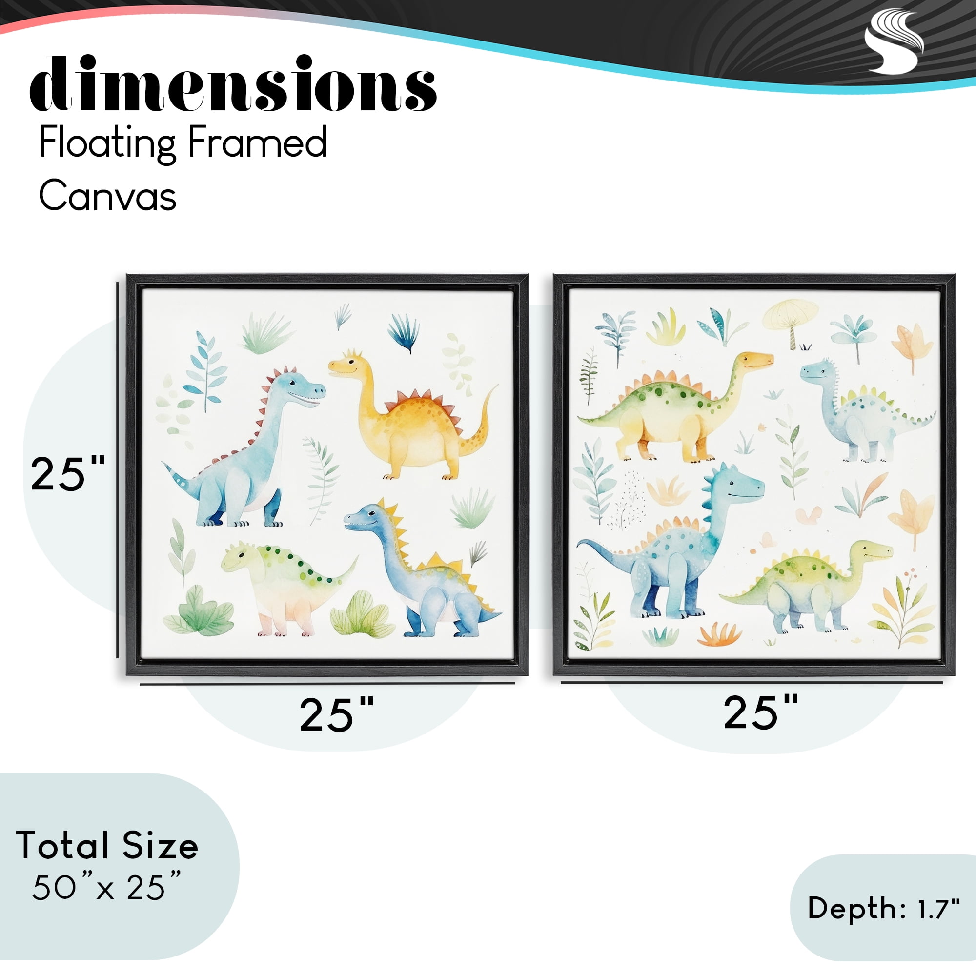 Stupell Industries Playful Dinosaur Wonders 2 Piece Black Framed Floater Canvas Set, design by Lazar Studio