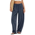 thumbnail image 2 of Petite Linen Pants for Women Striped Casual Comfy Elastic Waist Linen Drawstring Pants Y2k Baggy Flowy Lightweight Work Trousers Navy M, 2 of 6