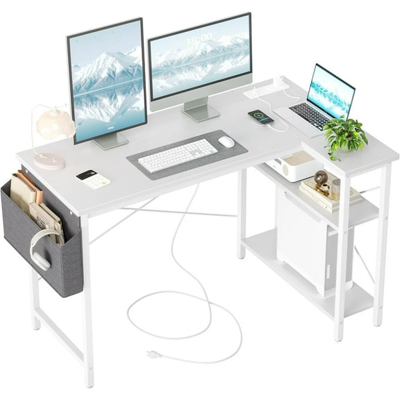 47 Inch White L Shaped Computer Desk With Reversible Shelves For Home Office
