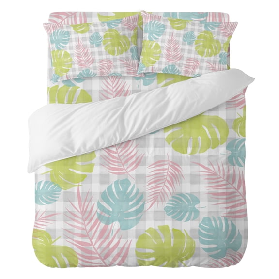 Duvet Cover Set California king Size 4 Pieces, Pink Blue Green Monstera Leaves Comforter Cover Soft Bedding Sets, Gray White Background Bed Set Include 1 Duvet Cover, 2 Pillow Shams, 1 Bed Sheet