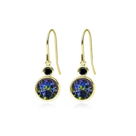 5.04 Ct Round Blue Mystic Topaz Black Diamond 14K Yellow Gold Earrings